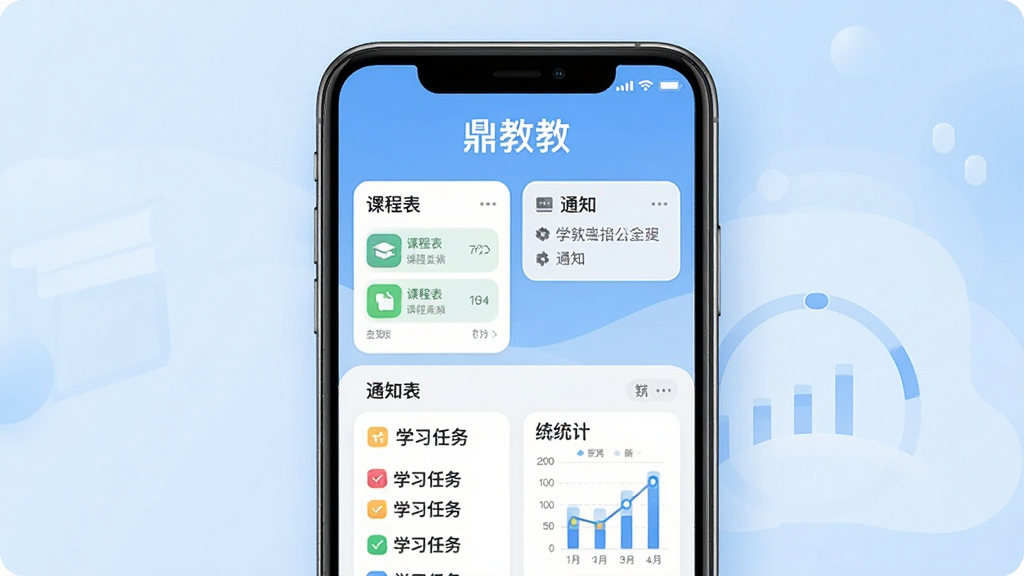 һ��չʾ���̽�App����ȫò��ͼƬ������������һ�������ֻ����ֻ���Ļ����ʾ�Ŷ��̽�App�������棬���涥���С����̡̽������֣������沼�������������γ̱�ģ�顢֪ͨ����ѧϰ�����б���ͳ��ͼ����������ǳ��ɫ���䣬����ִ���Լ��ϸ��Բ�󣬻��ʸɾ��������޶���Ԫ��