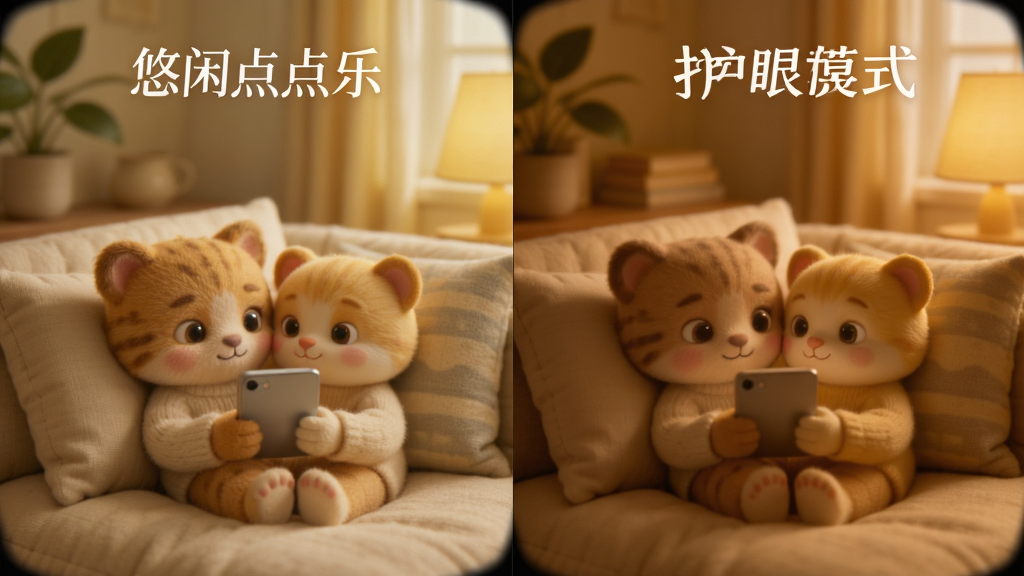 悠闲点点乐 护眼模式展示 左右分屏对比 左侧是普通模式 右侧是护眼模式 画面色调偏暖黄 方块边缘柔化处理 风格温馨舒适 细节细腻 画质干净 无多余元素