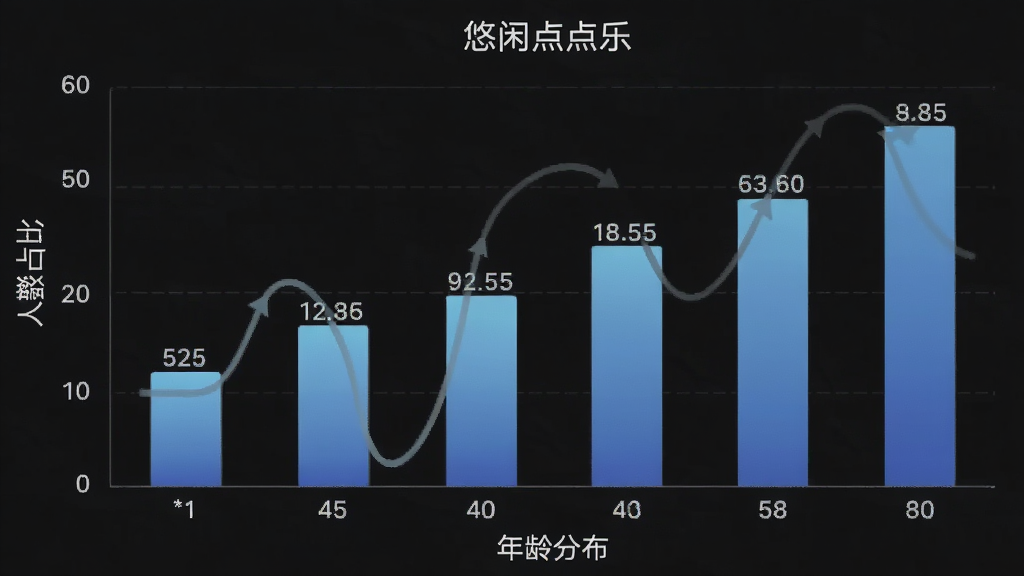 悠闲点点乐 用户年龄分布柱状图 横轴为年龄段 纵轴为人数占比 柱子颜色为渐变蓝 标注清晰 风格简约商务 细节干净 画质清晰 无多余元素