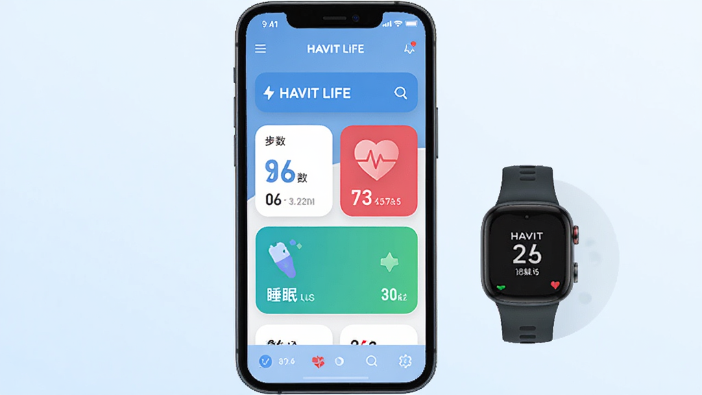 HAVIT LIFE ���ܴ�������Ӧ�ý���չʾ������������һ�������ֻ�����Ļ����ʾ HAVIT LIFE Ӧ�õ���ҳ���������������ʡ�˯�����������ݿ�Ƭ���ֻ��Ա߷���һֻ�����ֱ��������Ǽ�Լ��ǳ��ɫ���䣬�����������Ű���У�����ִ���ƽ��ϸ��Բ�󣬻��ʸɾ����޶���Ԫ��