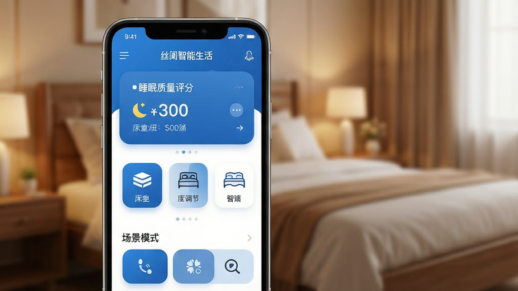 一张展示丝涟智能生活App主界面的手机样机图,画面中央是手机屏幕,屏幕内显示“丝涟智能生活”App的首页,布局为顶部展示睡眠质量评分,中间是床垫调节的快捷按钮图标,底部为场景模式选项卡,整体风格现代简洁,以蓝色和白色为主色调,细节圆润,画质干净,无多余元素,背景为温馨的卧室环境虚化处理