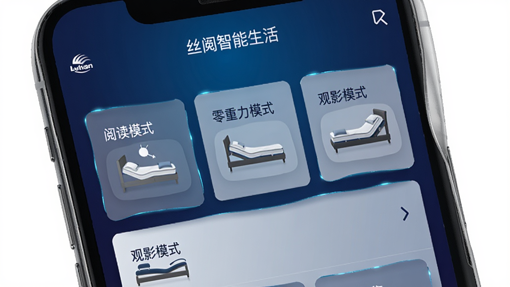 一张展示丝涟智能生活App场景模式界面的手机截图样机,画面中手机屏幕显示“丝涟智能生活”App的场景选择页面,上面有“阅读模式”“零重力模式”“观影模式”等卡片式按钮,每个按钮配有对应的床体姿态小图标,背景为深蓝色渐变,风格科技感十足,画质清晰,无多余元素