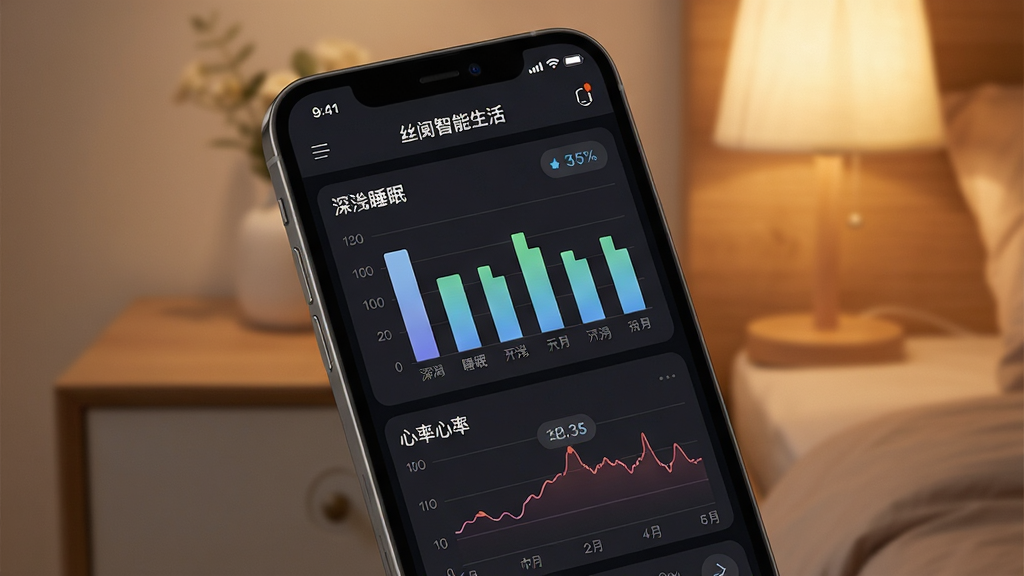 一张展示丝涟智能生活App睡眠报告页面的手机样机图,手机屏幕内显示“丝涟智能生活”App的睡眠数据图表,包括深浅睡眠柱状图和心率曲线,界面以深色模式为主,数据卡片清晰,背景为床头柜和台灯的虚化场景,风格温馨科技,画质干净,无多余元素