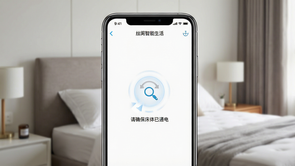 一张展示丝涟智能生活App设备连接引导页面的手机样机图,手机屏幕内显示“丝涟智能生活”App的蓝牙搜索界面,画面中有搜索动画和提示文字“请确保床体已通电”,背景为卧室床头场景,风格简洁明了,画质干净,无多余元素