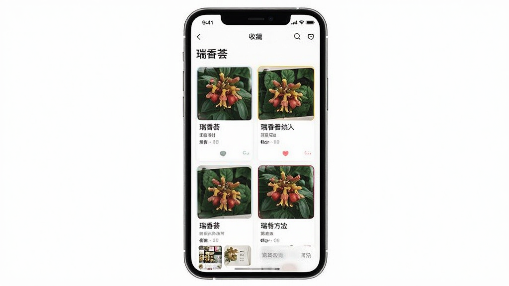 һ���ֻ���Ļչʾ����������App�ĸ����ղ�ҳ�棬ҳ�����ж���ղؿ�Ƭ�������У�ÿ����Ƭ������ͼ�ͱ��⣬����Ϊ����ɫ����������죬��������������