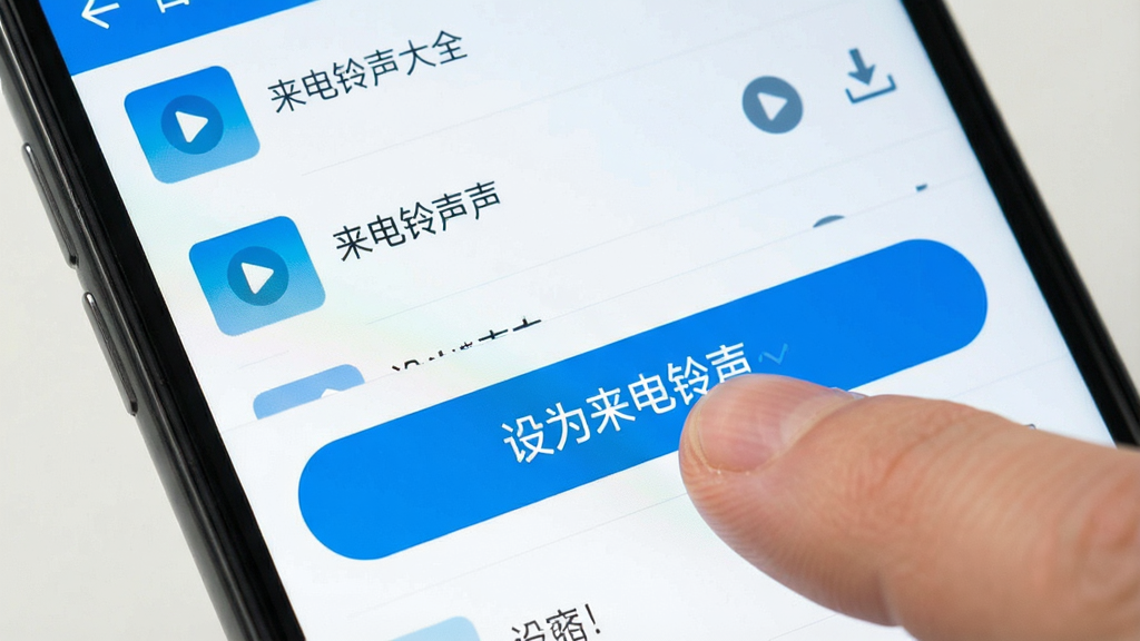 手机屏幕特写,画面显示“来电铃声大全多”App的铃声设置界面,一个手指正在点击“设为来电铃声”按钮,背景是列表式的铃声条目,每条右侧有播放和下载图标,界面配色为蓝白相间,风格简洁明快,画质清晰,无多余元素