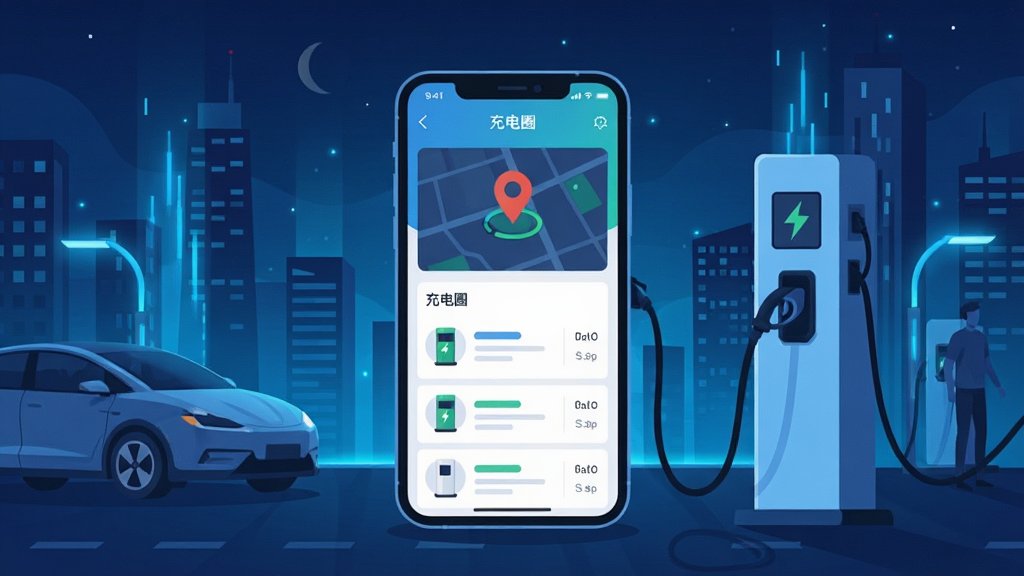 一张展示新能源汽车正在充电的场景图,画面中央是一部手机屏幕亮起,屏幕上清晰显示着“充电圈”App的界面,界面中有地图定位图标和充电桩列表,周围环境是城市夜景,有蓝色的科技光效点缀,风格为扁平化插画,细节干净,画质清晰,无多余元素