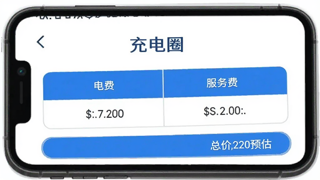 手机界面展示,屏幕上是“充电圈”的费用详情页,表格中分别列出了“电费”和“服务费”的单价,下方有总价预估,界面以蓝白配色为主,文字清晰,风格扁平化,画质干净,无多余元素