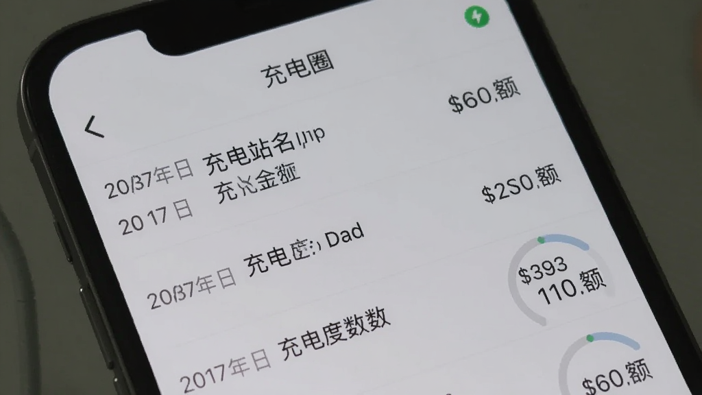 手机屏幕显示“充电圈”的历史账单列表,每一条记录都包含日期、充电站名称、充电度数和金额,列表整齐排列,背景为浅灰色,界面风格简洁,画质清晰,无多余元素