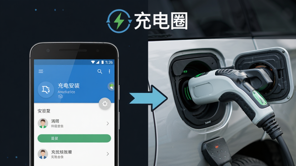 一张信息图风格的图片,画面分为左右两部分,左侧是安卓手机安装界面的示意,右侧是充电枪插入汽车充电口的特写,中间有箭头连接,图片上方有“充电圈”的Logo,风格简洁,画质干净,无多余元素