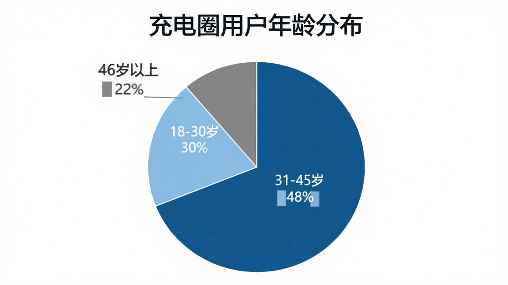 一张饼状图,标题为“充电圈用户年龄分布”,图表分为三块,分别标注“18-30岁 30%”、“31-45岁 48%”、“46岁以上 22%”,颜色分别为浅蓝、深蓝、灰色,背景为白色,风格简洁,画质清晰,无多余元素