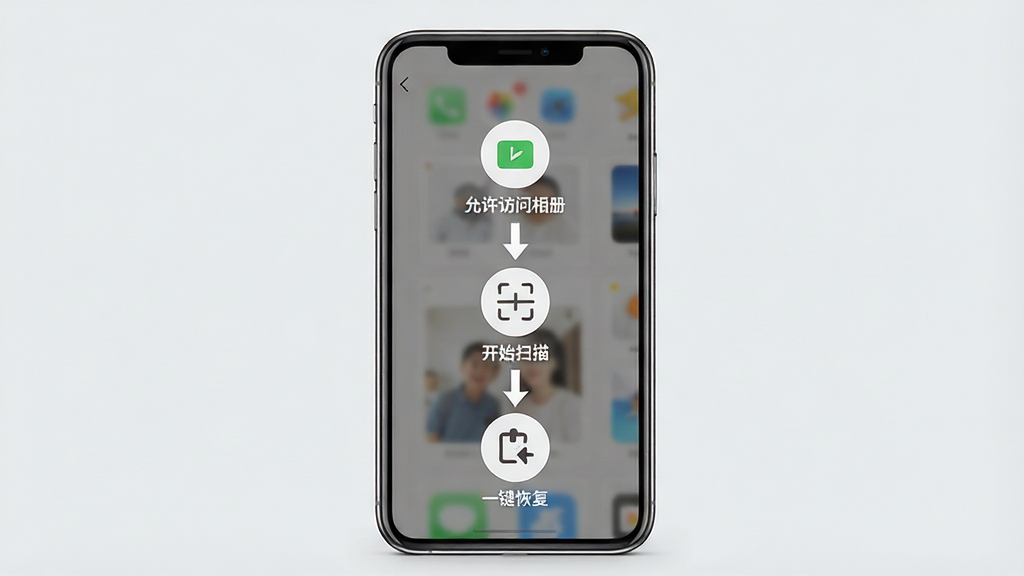 һ��չʾ�ֻ���Ƭ���ܼ����ֲ��������ͼƬ��������һ���ֻ���Ļ��ʾApp������ҳ���С�����������ᡱ����ʼɨ�衱��һ���ָ�����������ͼ�꣬������ǳ��ɫ�������������У��Ű���������������ˣ�ϸ���м�ͷָʾ�����ʸɾ����޶���Ԫ��