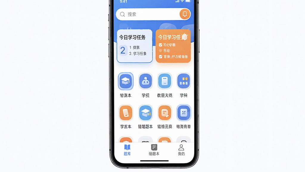 ѧ����Ӧ��������ȫòչʾ������Ϊ�ֻ���Ļ����ʾѧ����APP��ҳ�������Ϸ�Ϊ������ͽ���ѧϰ����Ƭ���м��Ǹ�ѧ�Ʒ���ͼ�����񣬵ײ�Ϊ��⡢���Ȿ���ҵ��������������Ű��������룬���Ϊ�ִ���ƽ����������ƣ�ϸ����ͼ��Բ����ɫ������Ϊ����׺��ɫ�����ʸɾ��޶���Ԫ�أ������ֻ�Ӧ�ý�ͼЧ��