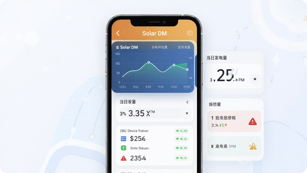һ��չʾSolar DM�������Ľ����ͼƬ��������һ�������ֻ���Ļ����Ļ����ʾ�Ź����վ����Ǳ��̣��������繦�����ߡ����շ��������֡��豸״̬�б��͸澯ͼ�꣬����������Ϊ�������������򣬷��Ϊ�ִ���ƽ���Ƽ��磬ϸ��Բ�󣬱���Ϊ�ɾ���ǳɫ���䣬���������޶���Ԫ�أ���Ļ�Ϸ��С�Solar DM�����ֱ�ʶ