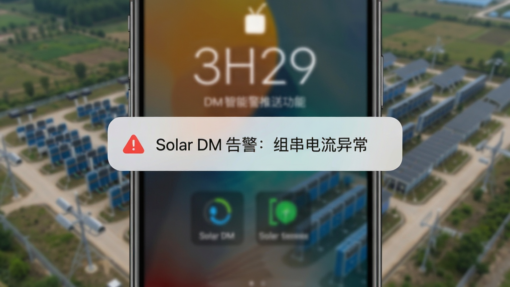 һ��չʾSolar DM���ܸ澯���͹��ܵ�ͼƬ���������ֻ��������浯���澯֪ͨ��Ƭ����Ƭ��д�С�Solar DM �澯���鴮�����쳣��������Ϊ֪ͨ��Ƭ���У�������ģ���ĵ�վ����ͼ�����Ϊ���֪ͨ��ʽ��ϸ���к�ɫ��ʾͼ���Բ����ƣ����������޶���Ԫ��