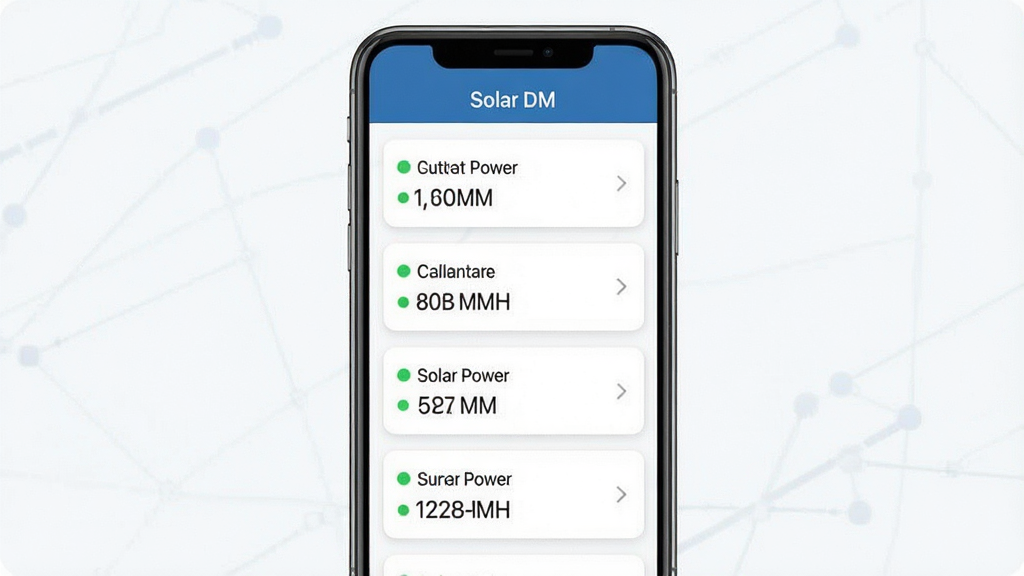 һ��չʾSolar DM���豸�������ܵ�ͼƬ���������ֻ���Ļ����Ļ����ʾ���豸�б���Ƭ��ÿ����Ƭд��վ�����ƺ͵�ǰ���ʣ�����Ϊ�����б����У����Ϊ��Ƭʽ��ˬ��ƣ�ϸ������ɫ����״̬Բ����Ҽ�ͷ�����ʸɾ��޶���Ԫ�أ������С�Solar DM��������