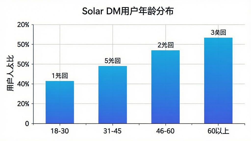 һ��չʾSolar DM�û�����ֲ�����״ͼͼƬ����������״ͼ������Ϊ�����18-30��31-45��46-60��60���ϣ�����Ϊ�û�����ռ�ȣ���״ͼ��ɫΪ��ɫ���䣬����Ϊͼ�����У����Ϊ���ݿ��ӻ����磬ϸ������ֵ��ǩ�������ߣ����ʸɾ��޶���Ԫ�أ�ͼ������д�С�Solar DM�û�����ֲ���