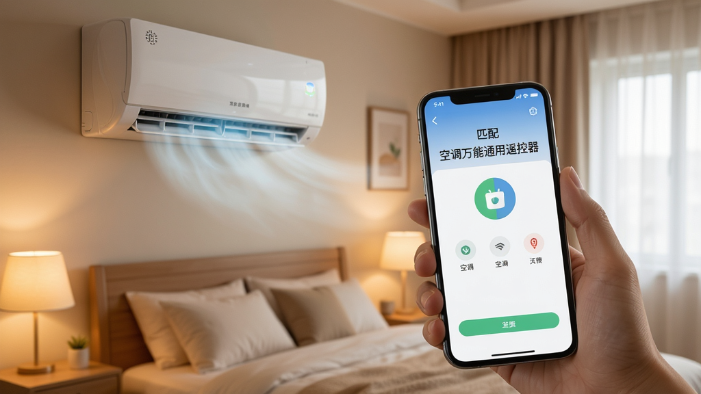 一张手机操作示意图,画面中一只手拿着手机对准壁挂式空调,手机屏幕显示