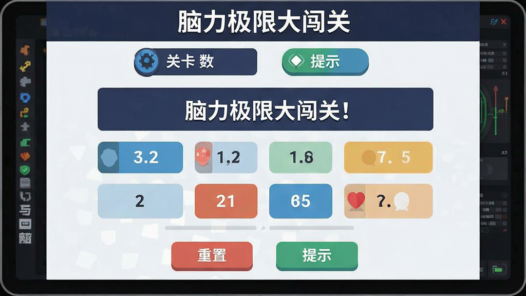 一张展示脑力极限大闯关游戏界面的图片,画面中是一个数字推理关卡,屏幕上方显示关卡数和提示按钮,中间是题目和选项,底部有重置和提示按钮,整体布局清晰,风格现代扁平,文字标注为“脑力极限大闯关”