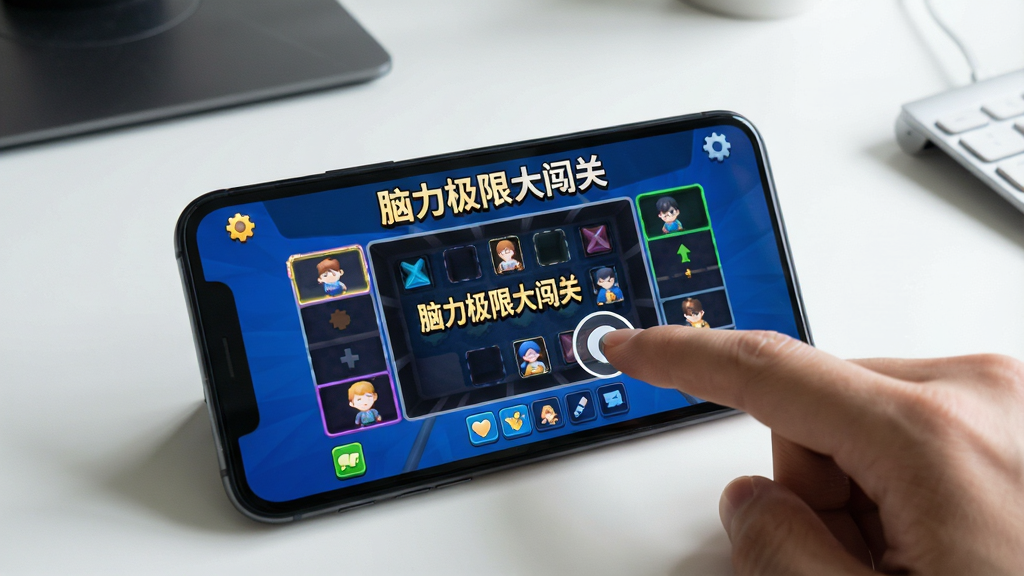 一张展示手机屏幕上脑力极限大闯关游戏运行正常的图片,画面中手机横屏显示游戏关卡界面,旁边有手指正在点击屏幕,背景是干净的桌面,整体风格写实,文字标注为“脑力极限大闯关”