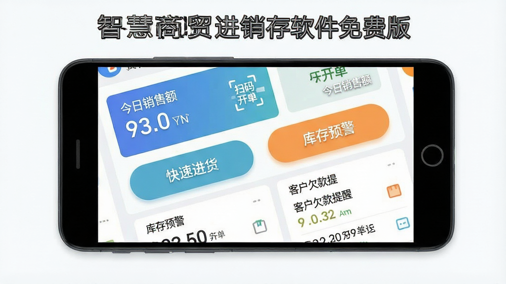 智慧商贸进销存软件免费版核心界面全貌展示,主体为一部安卓手机屏幕,屏幕内显示软件主界面,布局包含顶部今日销售额统计卡片、中部扫码开单和快速进货按钮、底部库存预警和客户欠款提醒列表,排版清晰信息层级分明,风格为现代扁平化设计,细节圆润按钮有轻微阴影,画质干净无多余元素,文字标签使用中文显示“智慧商贸进销存软件免费版”“扫码开单”“库存预警”“今日销售额”