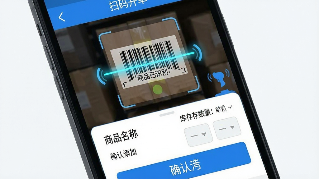 智慧商贸进销存软件免费版扫码开单功能特写,主体为手机屏幕显示扫码界面,布局为上方取景框正在扫描商品条形码,下方弹出商品名称、单价、库存数量和数量选择按钮,排版突出扫码区域和确认按钮,风格为科技感扁平设计以蓝色为主色调,细节包含扫描线动画和成功震动反馈图标,画质干净无多余元素,文字标签使用中文显示“扫码开单”“商品已识别”“确认添加”