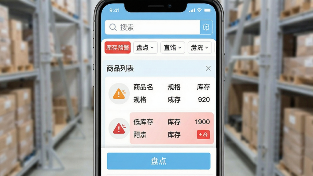 智慧商贸进销存软件免费版库存管理界面展示,主体为手机屏幕显示库存列表页面,布局为顶部搜索栏和筛选标签、中部商品列表显示商品名称规格和库存数量并用红色标记低库存商品、底部盘点按钮,排版整齐信息密度适中,风格为清爽商务风以白色和浅蓝为主,细节包含库存预警图标和分类标签,画质干净无多余元素,文字标签使用中文显示“库存预警”“盘点”“商品列表”