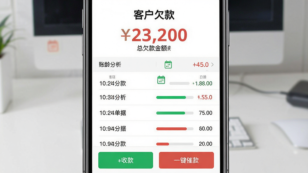 智慧商贸进销存软件免费版客户欠款管理功能展示,主体为手机屏幕显示客户对账页面,布局为顶部客户姓名和总欠款金额大字显示、中部欠款单据列表按时间排序、底部收款和催款按钮,排版突出金额和账龄信息,风格为金融级清晰设计以绿色和红色区分收支,细节包含日历图标和进度条,画质干净无多余元素,文字标签使用中文显示“客户欠款”“账龄分析”“一键催款”