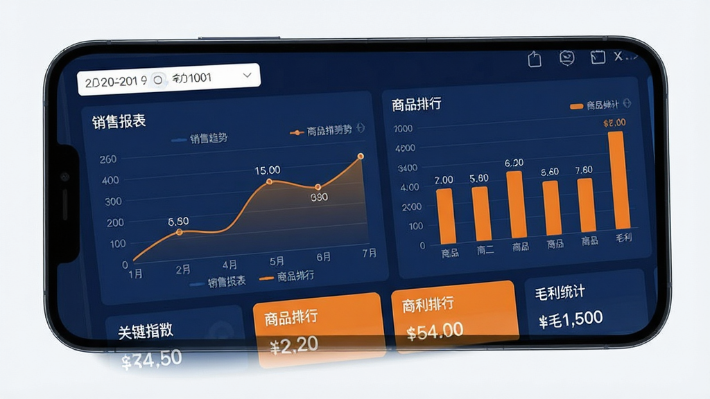 智慧商贸进销存软件免费版经营报表数据看板展示,主体为手机屏幕显示数据图表页面,布局为顶部日期筛选栏、中部折线图显示销售趋势和柱状图显示商品排行、底部关键指标卡片,排版层次分明图表清晰,风格为数据可视化现代风格以深蓝和橙色为对比色,细节包含图例标注和数值标签,画质干净无多余元素,文字标签使用中文显示“销售报表”“商品排行”“毛利统计”