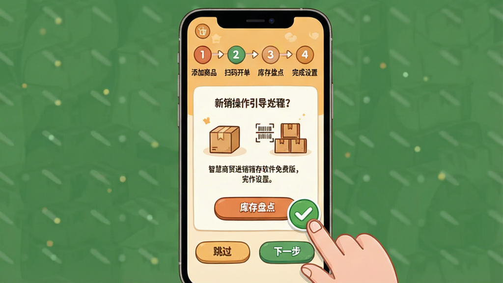 智慧商贸进销存软件免费版新手操作引导页面,主体为手机屏幕显示分步教程界面,布局为顶部步骤指示器显示第一步到第四步、中部当前步骤的图文说明和操作按钮、底部跳过和下一步按钮,排版清晰引导性强,风格为友好的插画风格以暖色调为主,细节包含手指点击动画和完成打勾图标,画质干净无多余元素,文字标签使用中文显示“添加商品”“扫码开单”“库存盘点”“完成设置”