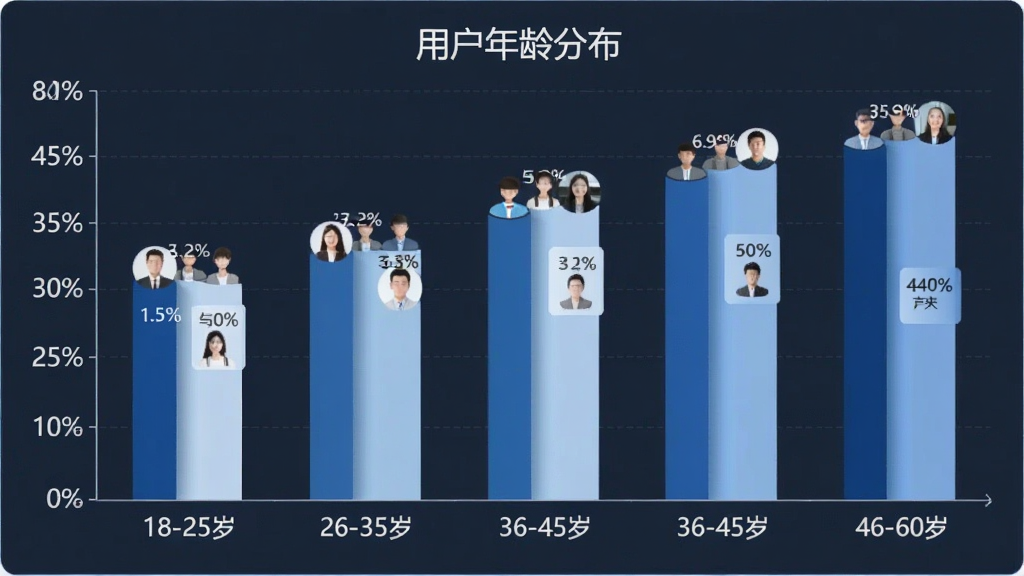 智慧商贸进销存软件免费版用户年龄分布柱状图,主体为数据统计图表,布局为横轴显示年龄段从18岁到60岁分为五个区间、纵轴显示用户占比百分比、每根柱子用不同深浅蓝色区分,排版简洁数据标签清晰,风格为商务报告风格,细节包含百分比数值和用户头像小图标,画质干净无多余元素,文字标签使用中文显示“用户年龄分布”“18-25岁”“26-35岁”“36-45岁”“46-60岁”