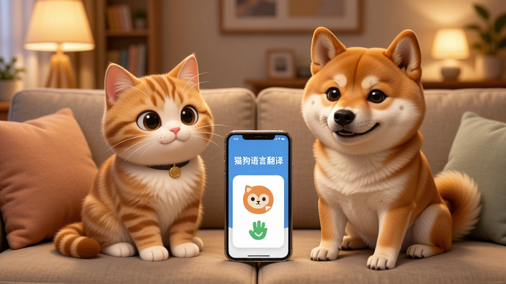 一只可爱的橘猫和一只柴犬并排坐在沙发上,中间放着一部手机,手机屏幕上显示着“猫狗语言翻译”的界面,背景是温馨的家庭客厅,暖色调灯光,主体清晰,布局居中,排版自然,风格卡通写实,细节丰富,画质干净,无多余元素
