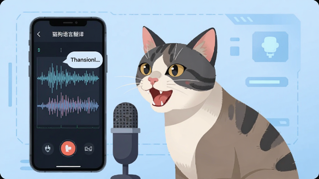 一只猫咪正对着手机麦克风发出叫声,手机屏幕上显示着声波分析图和翻译结果气泡,界面为“猫狗语言翻译”的录音页面,背景是浅蓝色科技感风格,主体突出,布局居中,排版简洁,风格扁平化,细节清晰,画质干净,无多余元素