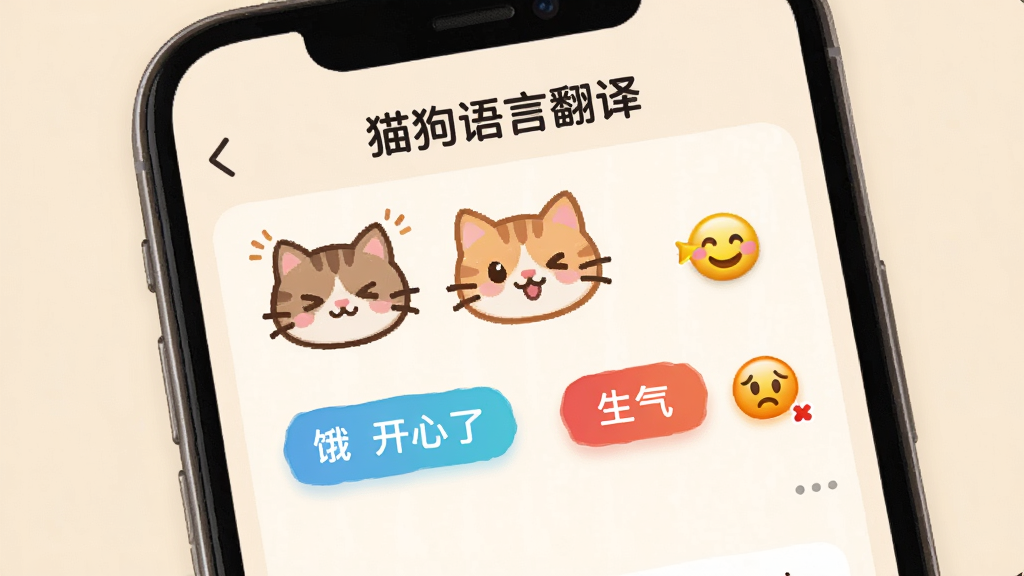 手机屏幕上展示着“猫狗语言翻译”的情绪分析结果页面,上面有猫咪头像和不同颜色的情绪标签,如“饿了”“开心”“生气”,旁边有对应的表情符号,背景是柔和的米色,主体清晰,布局居中,排版整齐,风格可爱,细节丰富,画质干净,无多余元素