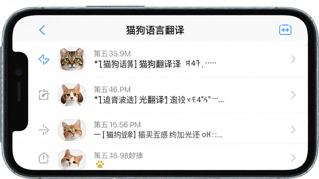 手机屏幕显示“猫狗语言翻译”的历史记录列表页面,每一条记录包含时间、宠物头像和翻译摘要文字,背景是白色简洁风格,主体居中,布局清晰,排版有序,风格现代,细节干净,画质清晰,无多余元素