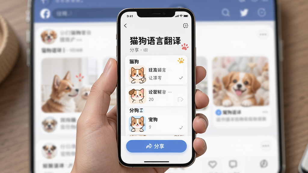 一只手拿着手机,手机屏幕上显示“猫狗语言翻译”的分享页面,上面有可爱的宠物翻译结果和分享按钮,背景是社交平台界面,主体突出,布局居中,排版活泼,风格轻松,细节清晰,画质干净,无多余元素