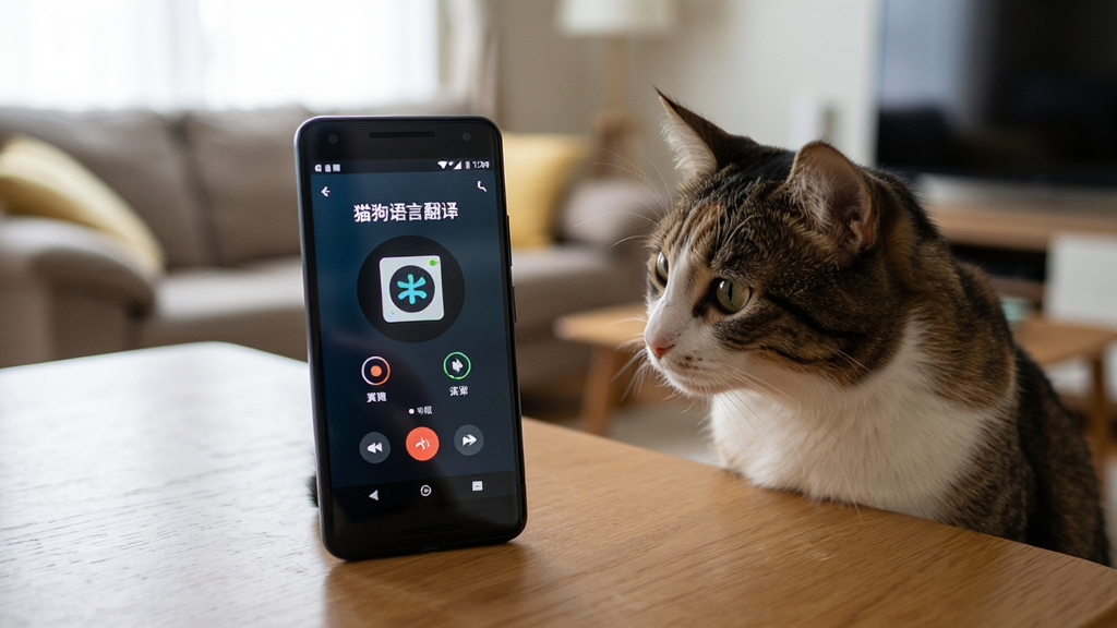 一部安卓手机放在桌面上,屏幕上显示“猫狗语言翻译”的录音界面,旁边有一只猫咪好奇地看着手机,背景是居家环境,主体清晰,布局居中,排版自然,风格生活化,细节真实,画质干净,无多余元素