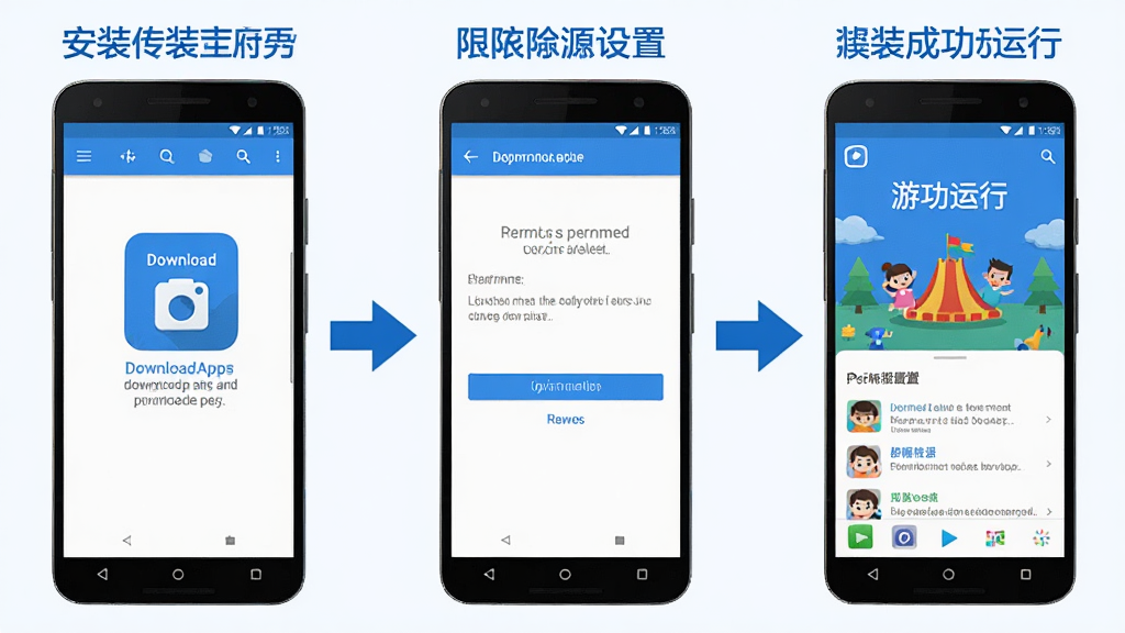 һ��չʾ������App�ڰ�׿�ֻ��ϰ�װ��ʹ�õķֲ�ʾ��ͼ�������Ϊ�������֣����չʾ���ذ�װ�����棬�м�չʾȨ�����ý��棬�Ҳ�չʾApp�ɹ����е������棬ÿ�������ü�ͷ���ӣ���������̷̳磬����ɫ�����������������ֱ�ע��ȷ���޶���Ԫ��