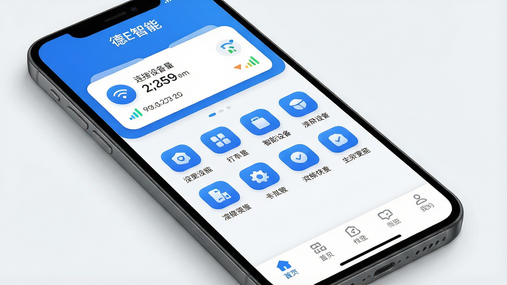 一张展示德E智能软件界面的手机样机图,主体为手机屏幕显示德E智能APP主界面,布局上部为设备连接状态卡片显示已连接设备数量和信号强度,中部为功能快捷入口图标排列整齐,底部为导航栏,排版简洁清晰,风格现代科技感,细节上图标圆润配色以蓝白为主,画质高清干净无多余元素,屏幕中文字显示“德E智能”