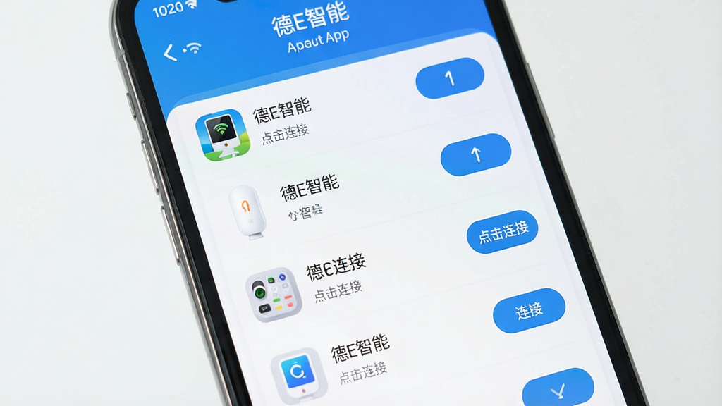 德E智能APP连接界面特写,画面主体为手机屏幕显示搜索到多个智能设备列表,每个设备旁边有连接按钮,布局为纵向列表排列,风格简洁扁平化,细节上设备图标多样且清晰,画质干净明亮,屏幕中文字显示“德E智能”和“点击连接”