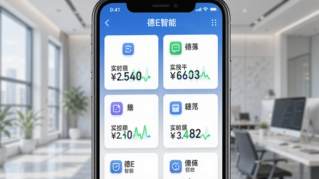 德E智能设备监控面板展示图,主体为手机屏幕显示多个数据卡片,布局为两列网格排列,每个卡片包含图标和数值,排版整齐,风格清爽科技风,细节上数值动态变化感明显,画质高清无噪点,屏幕中文字显示“德E智能”和实时数据
