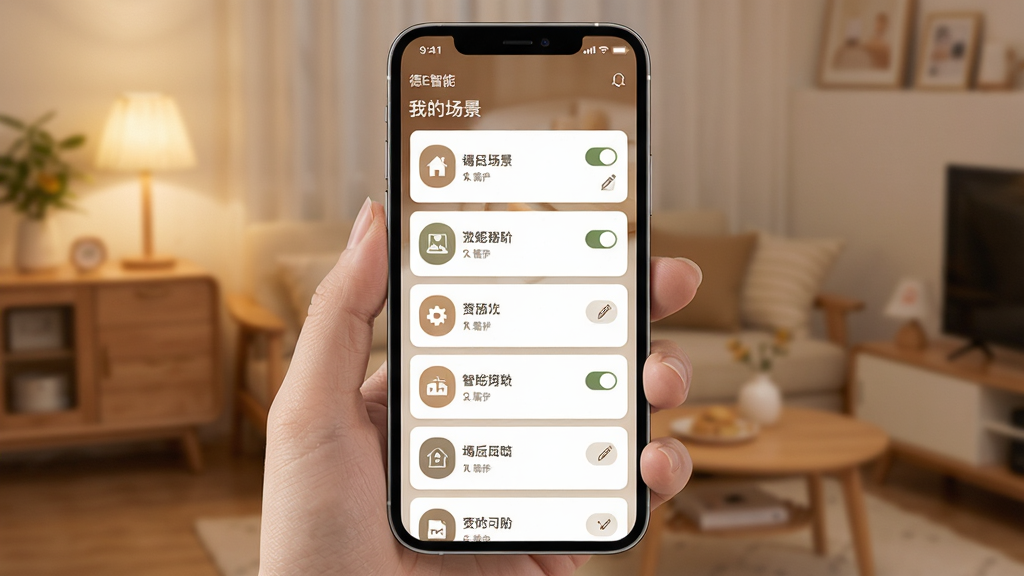 德E智能场景模式设置界面,主体为手机屏幕显示场景卡片列表,每个卡片有自定义名称和图标,布局为纵向卡片流,排版清晰,风格温馨居家感,细节上卡片有开关按钮和编辑入口,画质干净无多余元素,屏幕中文字显示“德E智能”和“我的场景”