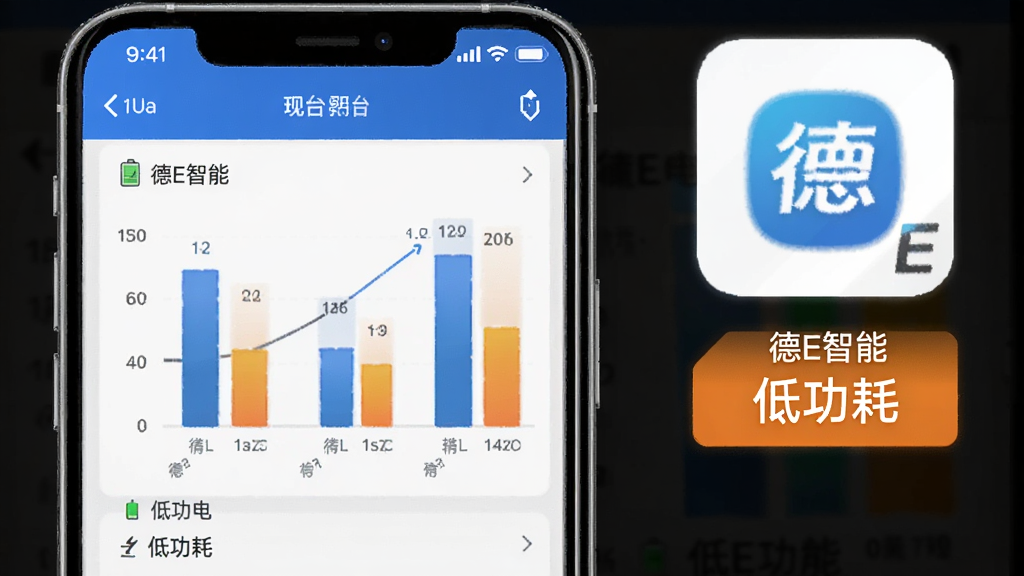 德E智能后台运行功耗示意图,主体为手机屏幕显示电池使用统计页面,德E智能图标旁边显示低耗电标签,布局为纵向列表,风格数据可视化,细节上柱状图对比明显,画质清晰简洁,屏幕中文字显示“德E智能”和“低功耗”