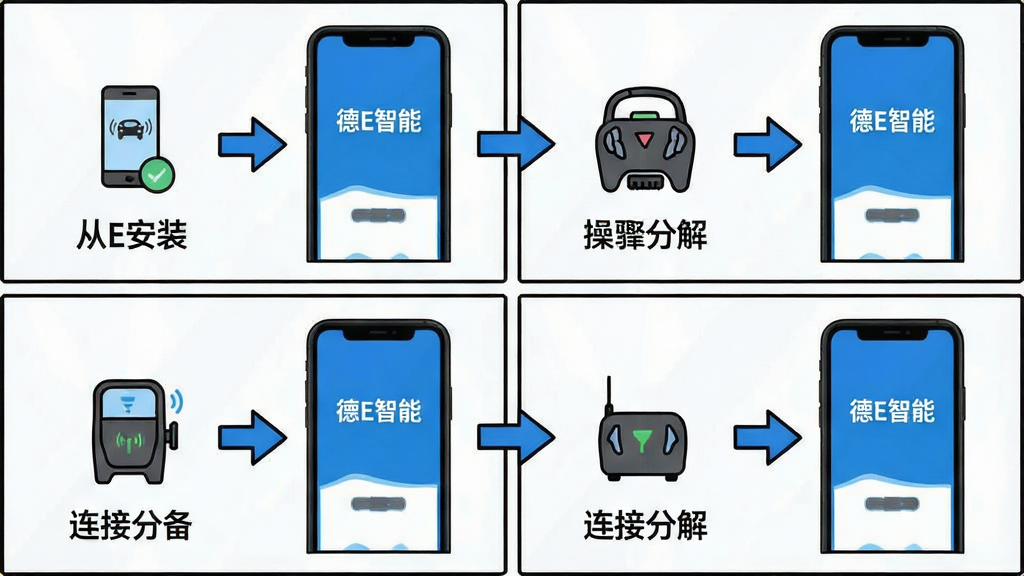 德E智能新手操作流程图解,主体为手机屏幕展示从下载安装到连接设备的步骤分解,布局为四格漫画式排列,每格有简单图标和文字说明,排版清晰易懂,风格扁平化教程风,细节上箭头引导明确,画质干净明亮无杂乱元素,屏幕中文字显示“德E智能”和操作步骤