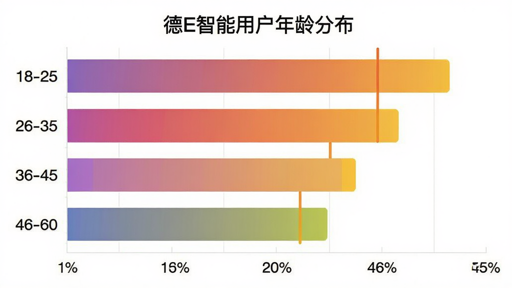 德E智能用户年龄分布柱状图,主体为数据图表展示不同年龄段用户占比,布局为横向柱状图,纵轴为年龄段18-25、26-35、36-45、46-60,横轴为百分比,排版清晰,风格简约数据可视化,细节上柱体颜色渐变区分,画质干净无多余元素,图表标题显示“德E智能用户年龄分布”