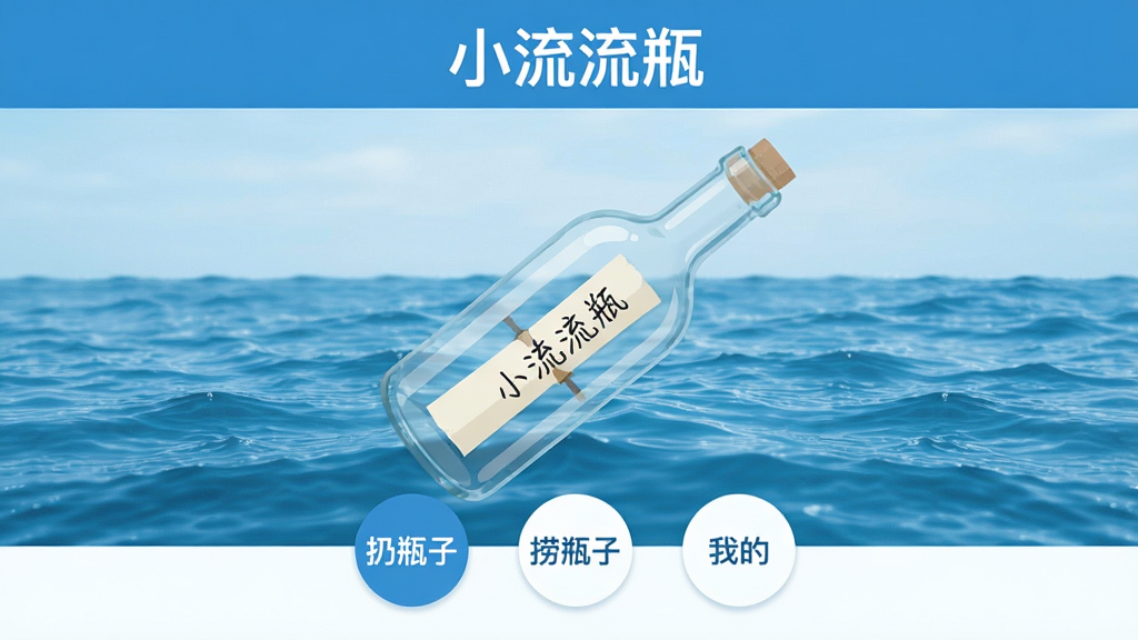 小漂流瓶软件主界面展示,一个透明玻璃质感的漂流瓶漂浮在蓝色海洋背景上,瓶子里装着写有文字的纸条,界面顶部显示“小漂流瓶”字样,底部有三个圆形按钮分别标注“扔瓶子”“捞瓶子”“我的”,整体风格清新简约,扁平化设计,蓝白配色,画质干净清晰,无多余装饰元素