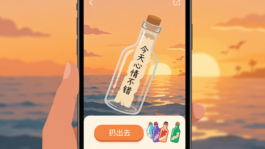 小漂流瓶扔瓶子功能界面,手机屏幕中显示一个写有“今天心情不错”的纸条被塞进玻璃瓶,背景是夕阳下的海面,界面下方有“扔出去”按钮,旁边有各种颜色的瓶子皮肤可选,风格温暖治愈,扁平插画风,画质干净无多余元素