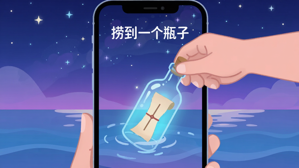 小漂流瓶捞瓶子功能展示,一只手从手机屏幕里的海水中捞出一个发光的玻璃瓶,瓶子里有纸条,屏幕上方显示“捞到一个瓶子”,背景是星空和海面,风格梦幻唯美,扁平化设计,蓝紫色调,画质干净清晰
