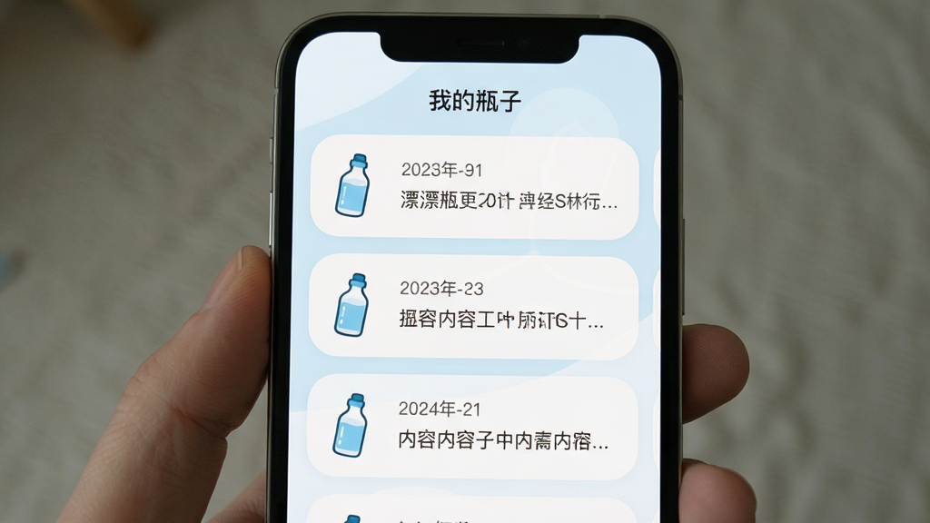 小漂流瓶个人记录页面,手机屏幕显示“我的瓶子”列表,每条记录包含瓶子图标、日期和内容摘要,界面简洁,白色背景配浅蓝色点缀,列表项圆润,风格清爽干净,画质清晰无多余元素