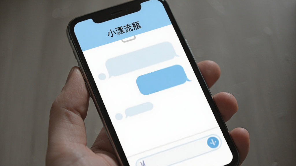 小漂流瓶无广告界面展示,手机屏幕显示干净的聊天界面,顶部有“小漂流瓶”标题,中间是对话气泡,底部是输入框,界面没有任何广告横幅或弹窗,白色和浅蓝色为主色调,风格极简现代,画质干净清晰